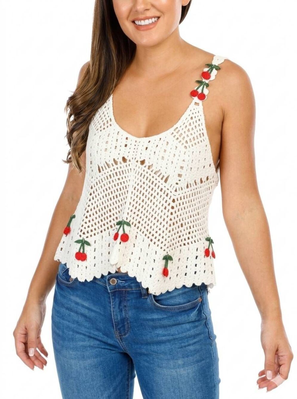 ☔️🔸️NWT Rebellion Ivory Cherries Crochet Knit Sleeveless Top Large